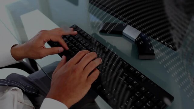 Hands resting then starting typing while binary overlay moving across glass, showing data flow