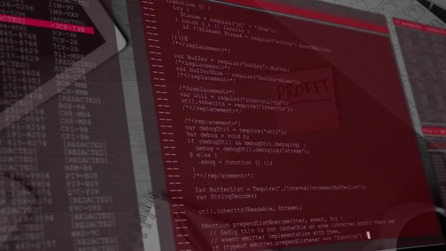 Red folder entering top-right starting red overlay expanding, scrolling code, visualizing profit