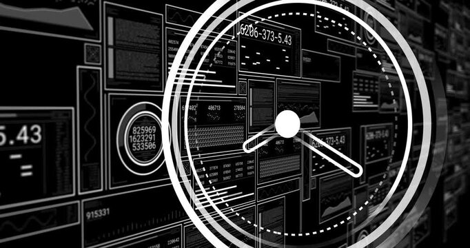 Central dot appearing circular HUD rotating hands and shifting right showing data wall for insight