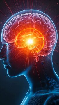 Vertical video: Skull pulsing brain core after pressing play in studio, showing neural activation