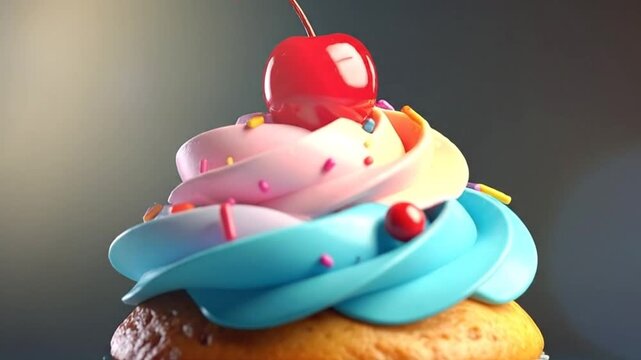 Delicious cupcake with colorful frosting and a cherry on top, perfect for celebrations and treats.