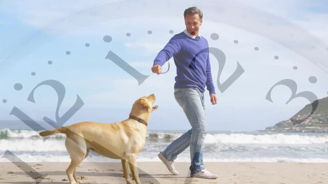 Owner raising object leading dog on beach for pet care, translucent clock overlay tracking over duo