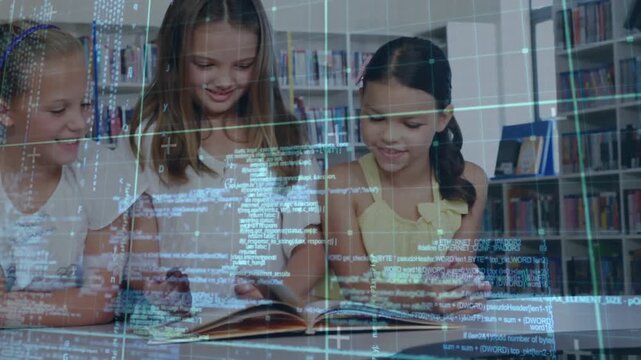 Three girls at library table, third joining, turning open book pages, code overlay guiding reading