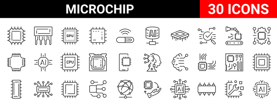 Modern microchip and semiconductor line icons set designed for processor technology, artificial intelligence hardware and electronic systems. Clean outline icons with editable stroke, cloud computing 