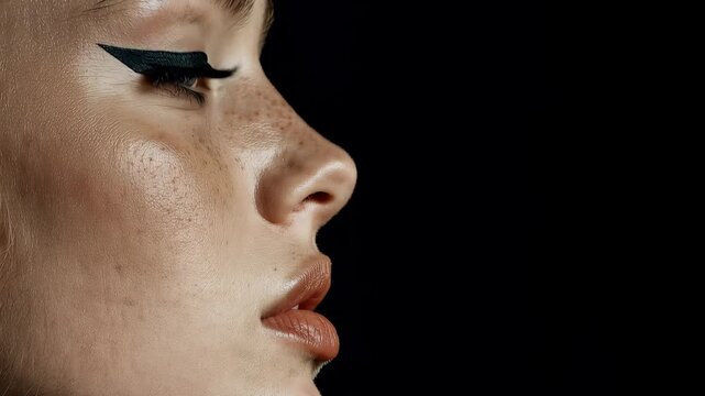 Beauty product black eyeliner. Makeup product. Woman with black eyeliner and beautiful eyebrows on black background. Copy space