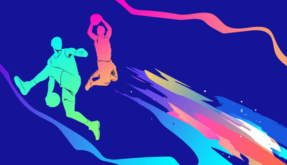Colorful basketball player silhouette dunking ball, national sports day poster design with modern abstract background. © Vasyl