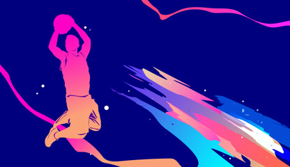 Colorful basketball player silhouette dunking ball, national sports day poster design with modern abstract background. © Vasyl