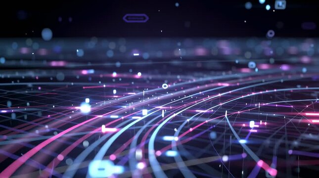 detailed digital network visualization, streams glowing neon data flowing toward central transparent server hub, arrows moving along data lines, floating holographic file icons, high-tech cloud storag