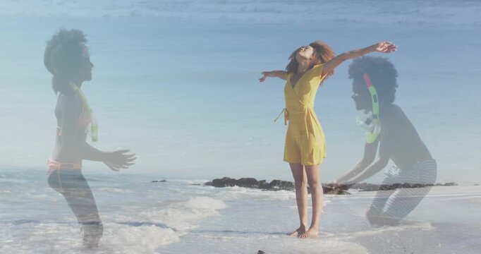 Woman in yellow dress holding arms on shore ghost overlays appearing kids moving squat-to-reach ads