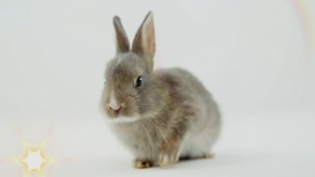 Small grey rabbit turning toward sparkle appearing, twitching nose, inspecting burst making rainbow