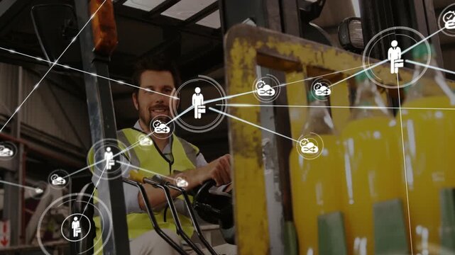 Circle graphic over bottles sparking icons while forklift driver using levers for stock tracking