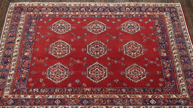 Traditional Persian Carpet with Red Background and Geometric Pattern: Detailed Close-Up View of Authentic Oriental Rug Texture.