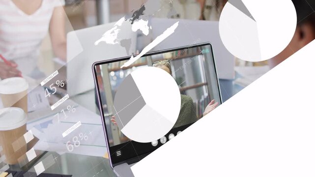 Remote host speaking on laptop, data charts sweeping, hiding screen then sliding aside in business