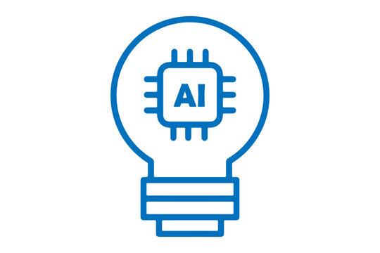 AI light bulb icon with microchip processor, artificial intelligence innovation symbol, machine learning technology idea concept, smart digital brain creativity sign, futuristic technology outline ico
