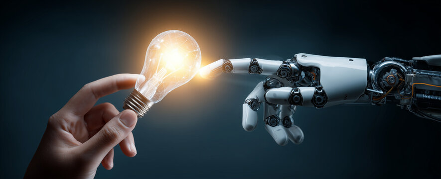 digital technology concept: a human hand touching a digital light bulb and a robot arm with a holographic virtual screen in a futuristic, dark background.