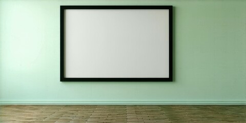 Empty frame hangs centered on mint wall. Wooden floor visible below. Minimalist composition, clean aesthetic, simple interior design.