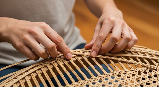 Traditionelles Flechten einer Sitzfl�che aus Rattan f�r St�hle