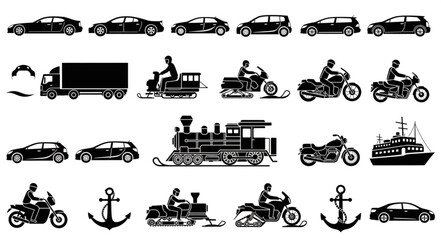 Collection of diverse transportation vehicle silhouettes. © Mita
