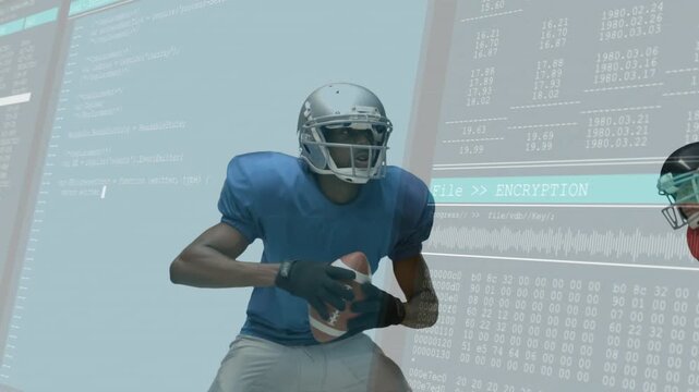 QB shifting and throwing while avoiding rusher approaching, tech panels showing FileENCRYPTION