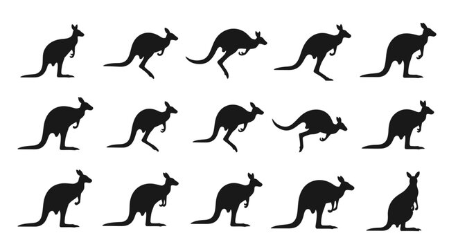 Minimalist flat vector illustration set of kangaroo silhouettes in various poses.