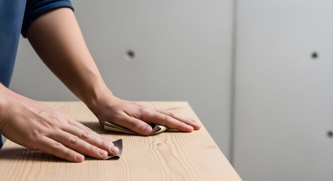 Schreiner schleift Holzoberfl&auml;che f&uuml;r glattes Finish per Hand.