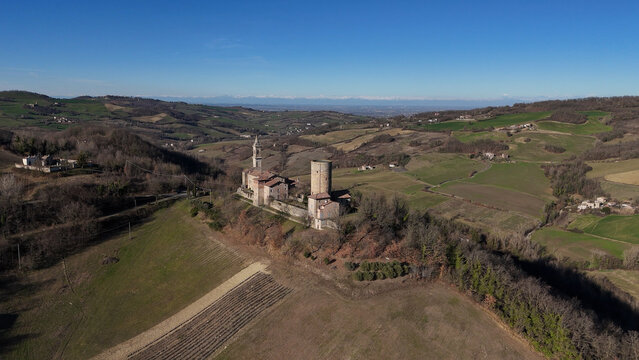 Monteventano Castle in Val Luretta, Piozzano, Piacenza, Emilia-Romagna, Italy, standing as a medieval landmark amidst rolling hills and historic architecture