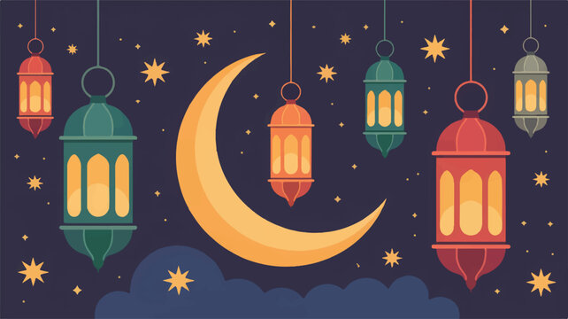 Mystical night scene with a large crescent moon, glowing lanterns, and twinkling stars, ideal for Ramadan or Eid celebrations.