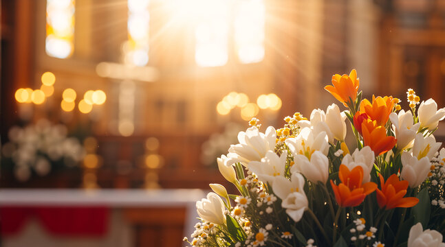 White and orange spring flowers in a sunlit church. Religious interior with sunbeams. Easter celebration