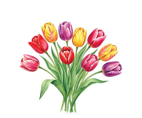Obraz premium A vibrant and colorful watercolor bouquet of yellow, red, and purple tulips stands gracefully on a pure white background.
