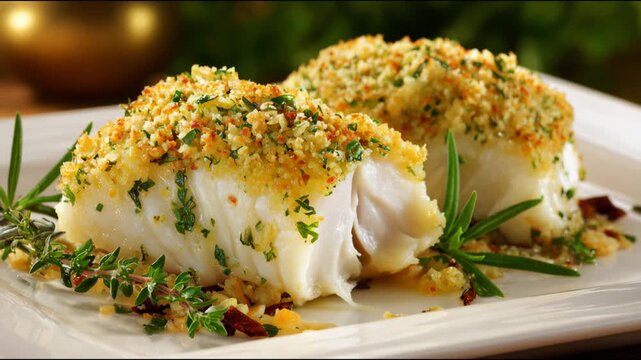 Fork taking a piece of delicious baked fish fillet with a golden herb and breadcrumb crust