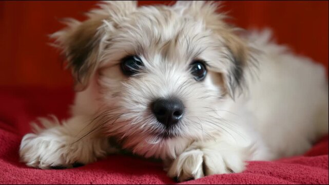 Cute fluffy havanese puppy lying on a red blanket, looking at the camera and yawning