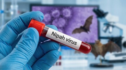 Fototapeta premium Hand in glove holding Nipah virus blood test tube in lab. Monitor shows bats and viral cells, representing zoonotic disease diagnosis, research, and outbreak investigation