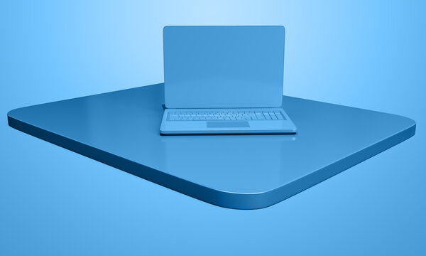 3D rendering of a minimalist blue laptop on a blue platform, concept for digital workspace, modern technology, and software interface