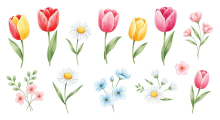 A vibrant collection of watercolor illustrations featuring various colorful spring flowers like tulips, daisies, and small blossoms, isolated on white. © KAWSAR HAMID PALASH