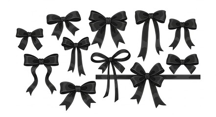 Collection of black satin bows on a white background.