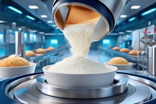 Industrial bakery scene: flour pouring into a bowl on a conveyor with dough loaves in the background