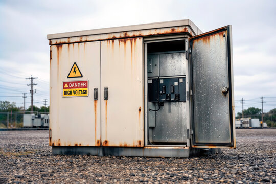 Open rusted electrical transformer cabinet with high voltage warning sign.