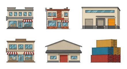 Collection of Commercial Buildings and Warehouses Illustration.