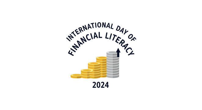 International Day of Financial Literacy 2024 logo with coins and financial growth.