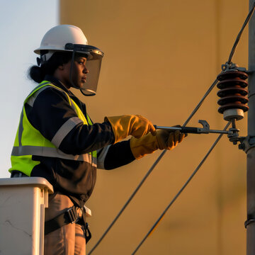 Female lineworker in a bucket truck repairing an electrical insulator.