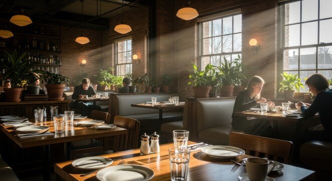 Restaurant interior with sunlight streaming through windows and patrons dining
