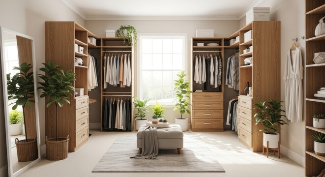 Elegant walk in closet with organized clothing and neutral color scheme