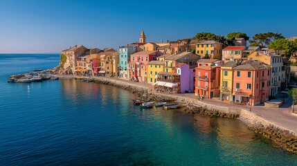 Obraz premium Scenic coastal village with colorful houses and blue sea during summer afternoon