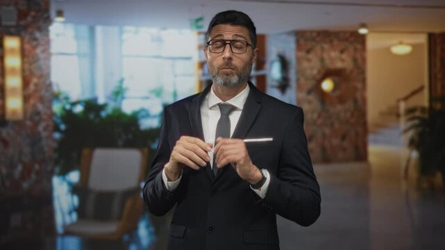 Man in suit adjusting cufflink and buttoning jacket while wearing glasses in building lobby; confidence.