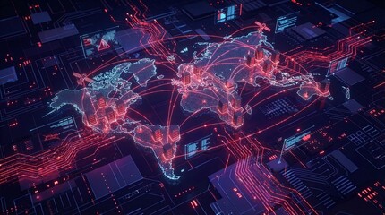 Fototapeta premium Surveillance satellite orbiting Earth with high-tech infrastructure and digital networks