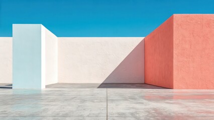 Minimalist 3d rendering of geometric shapes with pastel colors on concrete floor isolated on white background