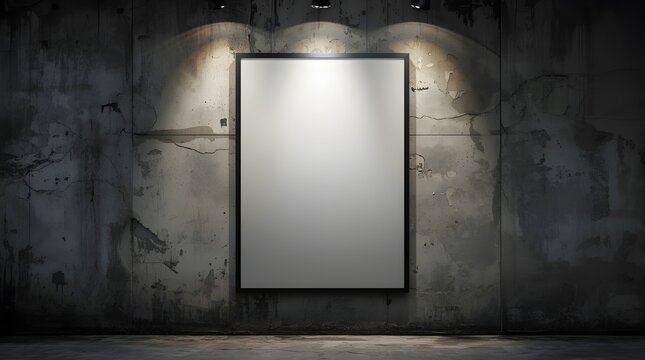 Poster mocap featuring a white poster on a dark, shabby wall, enhancing a grunge atmosphere. The image is hyperrealistic with high resolution and quality, presenting a grainy appearance accented by st