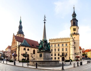 Fototapeta premium Ornate European town square with buildings & a sculpted fountain under a blue sky with wispy clouds at sunrise