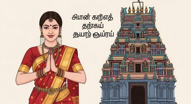 Traditional indian woman greeting namaste near temple celebrating Happy Tamil New Year cultural festival background with spiritual architecture illustration vector