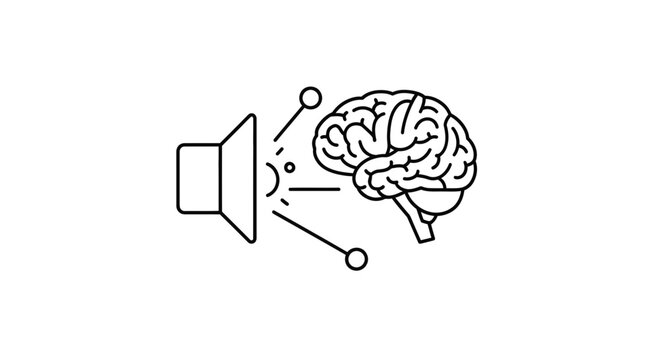 An illustrative line art representation of a loudspeaker emitting sound waves directly towards a stylized human brain, symbolizing auditory perception, mental processing, and the act of hearing.